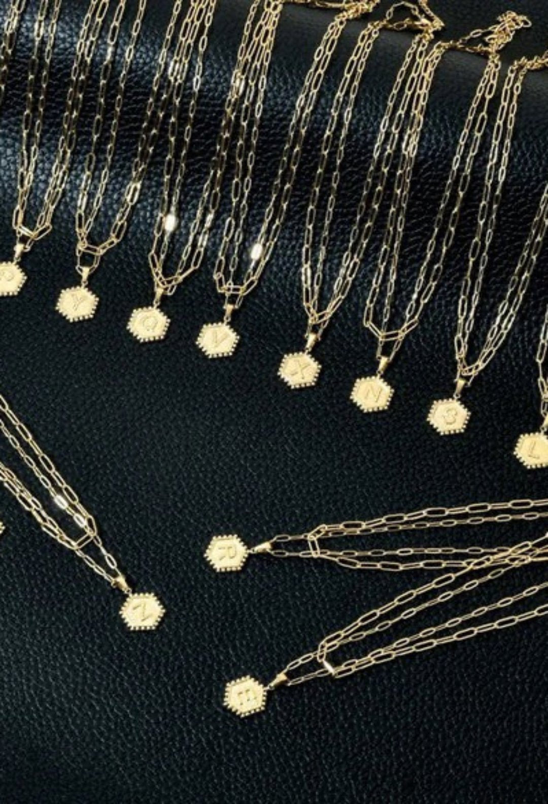 Double-sided, double-row brass hexagon initial necklace, jewelry fashion store miami, danias store miami jewelry , letter necklace miami store.