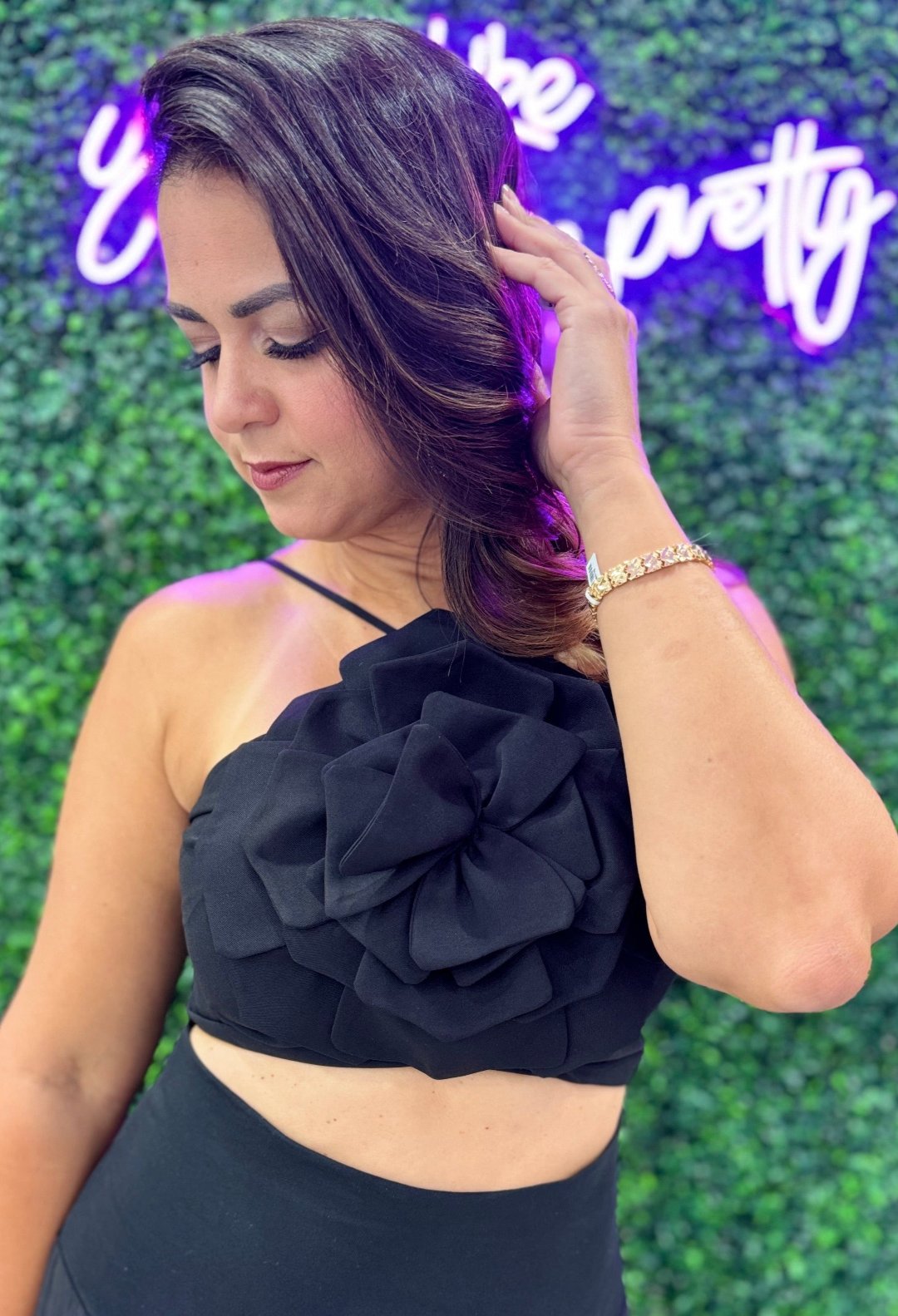 top, black top , flower details top