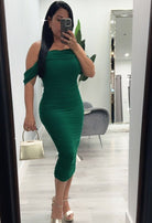 midi dress, green dress, off shoulder dress