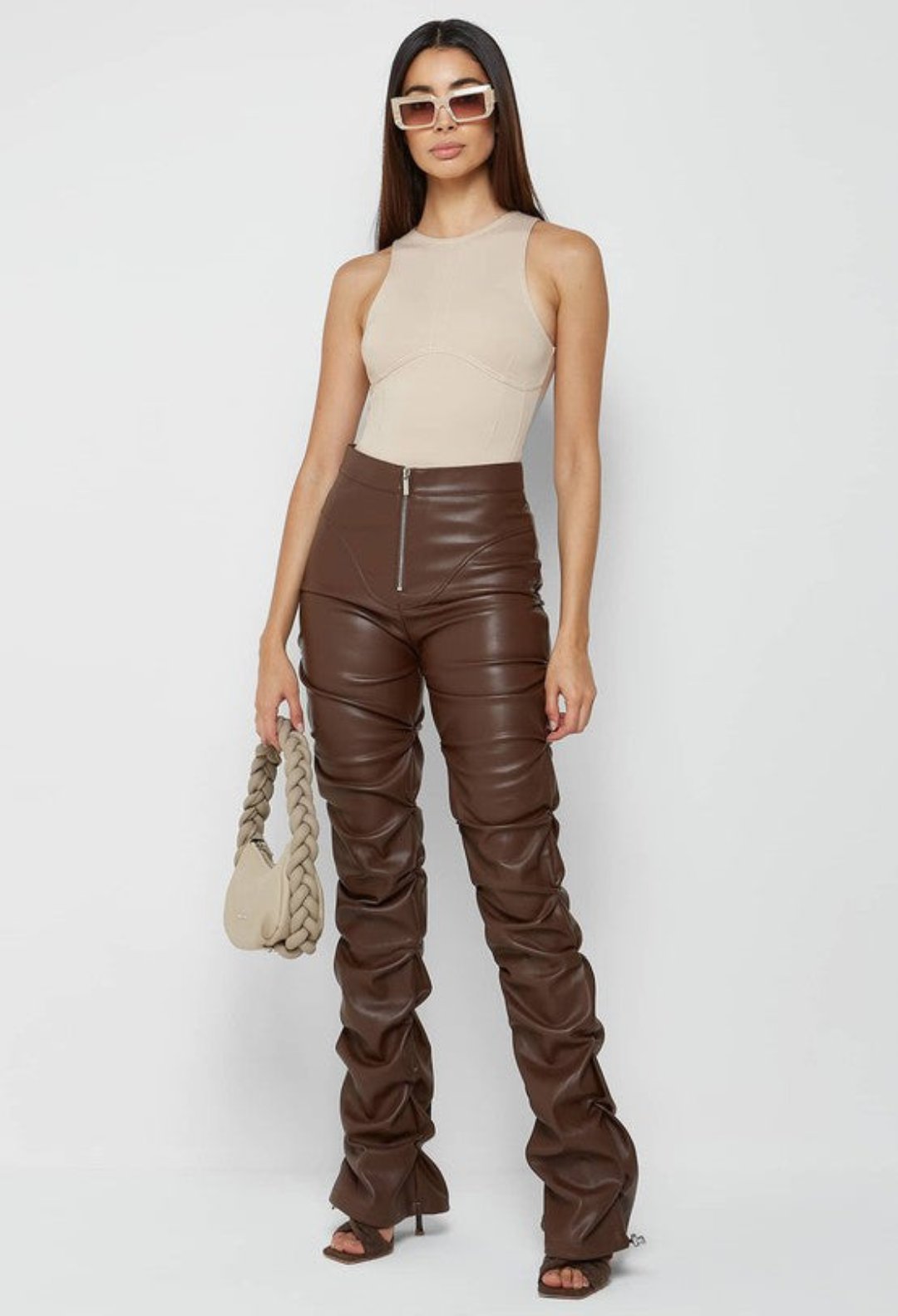 pants, faux leather pants, camel pants