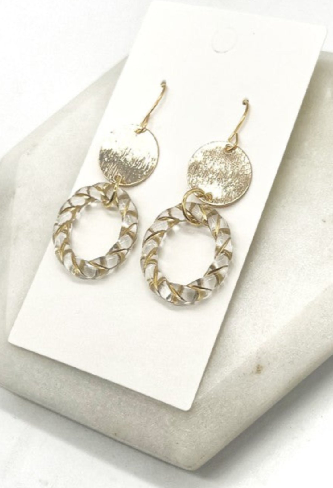 Clear Gold Twist Acrylic Metal earrings, jewelry fashion store miami, danias store miami jewelry, Clear Gold Twist Acrylic earrings miami store.