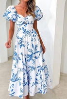 dress, floral dress, white and blue dress