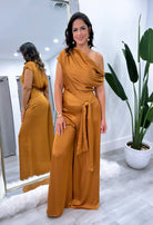 mustard gold jumpsuit, one shoulder jumpsuit