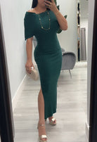 green dress, off shoulder dress, midi dress, long dress