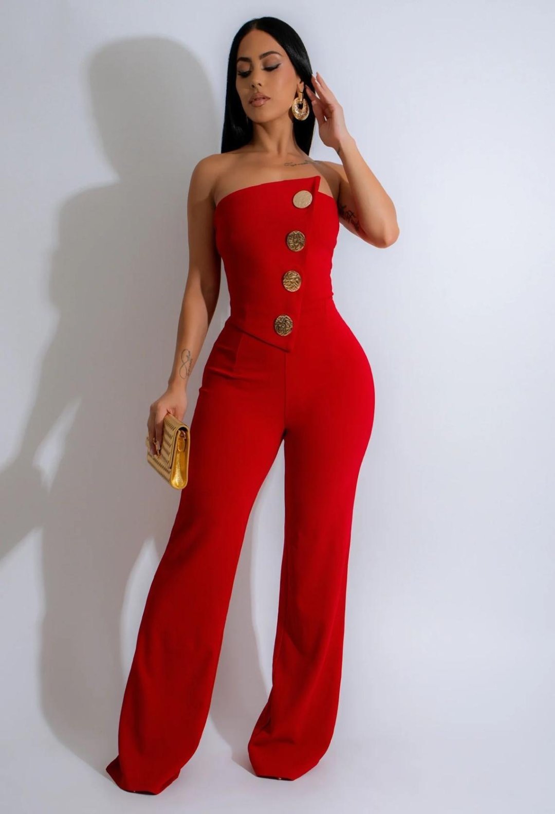 strapless jumpsuit, red jumpsuit, red jumpsuit with button details