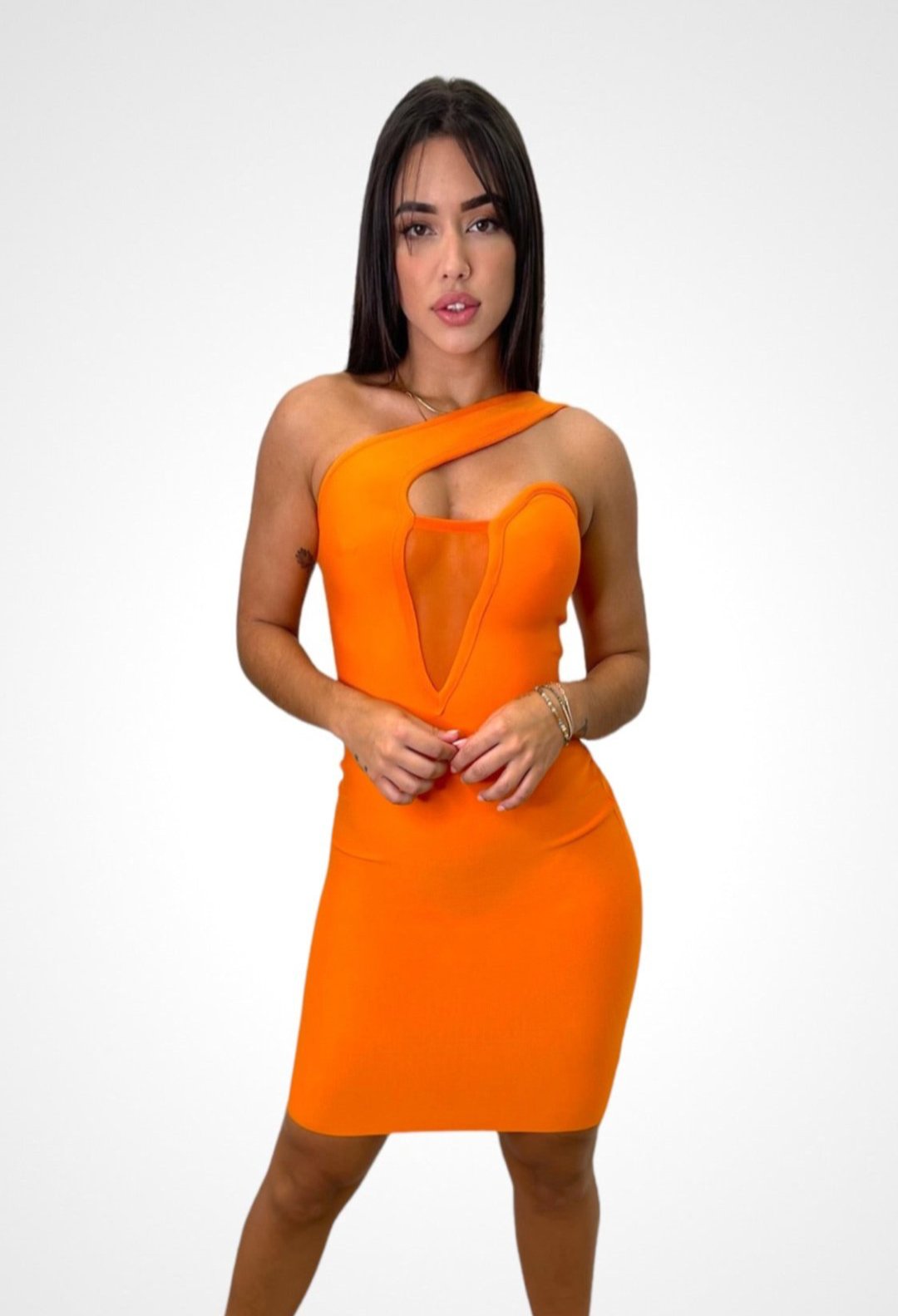 orange mini dress, on shoulder mini dress