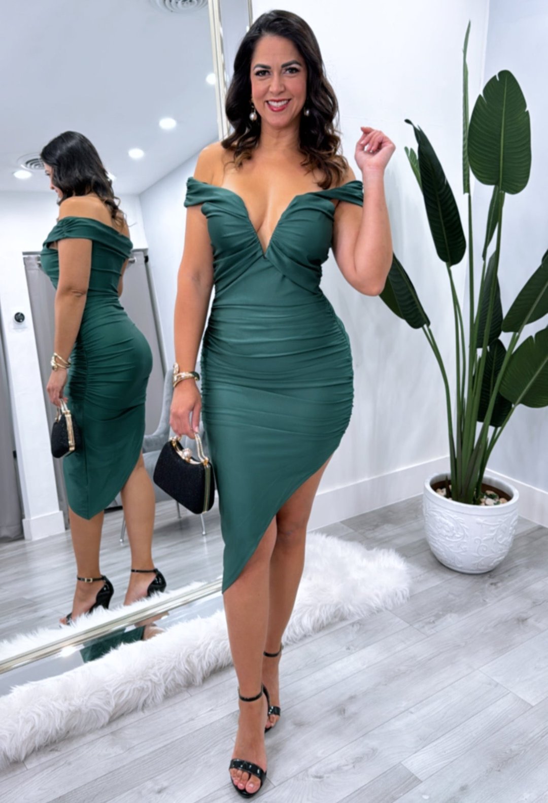 mini dress, off shoulder, Hunter green mini dress