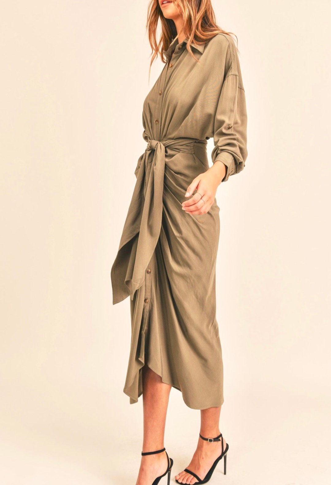 olive dress, midi dress