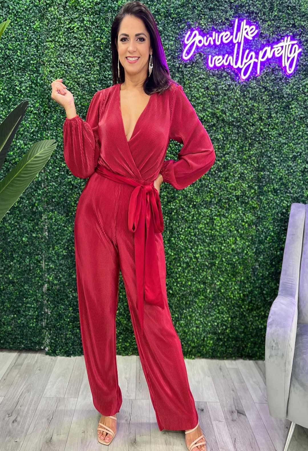 red jumpsuit, sleeve jumpsuit